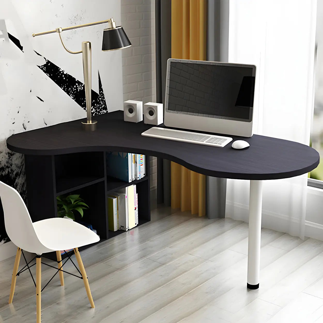 Textured White Wood Writing Desk with Shelf