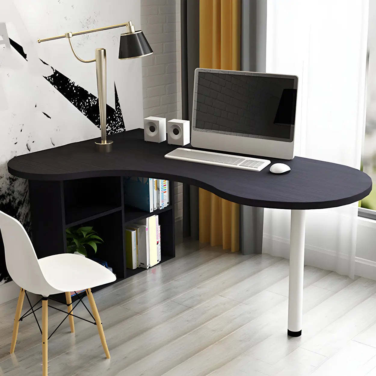 Textured White Wood Writing Desk with Shelf