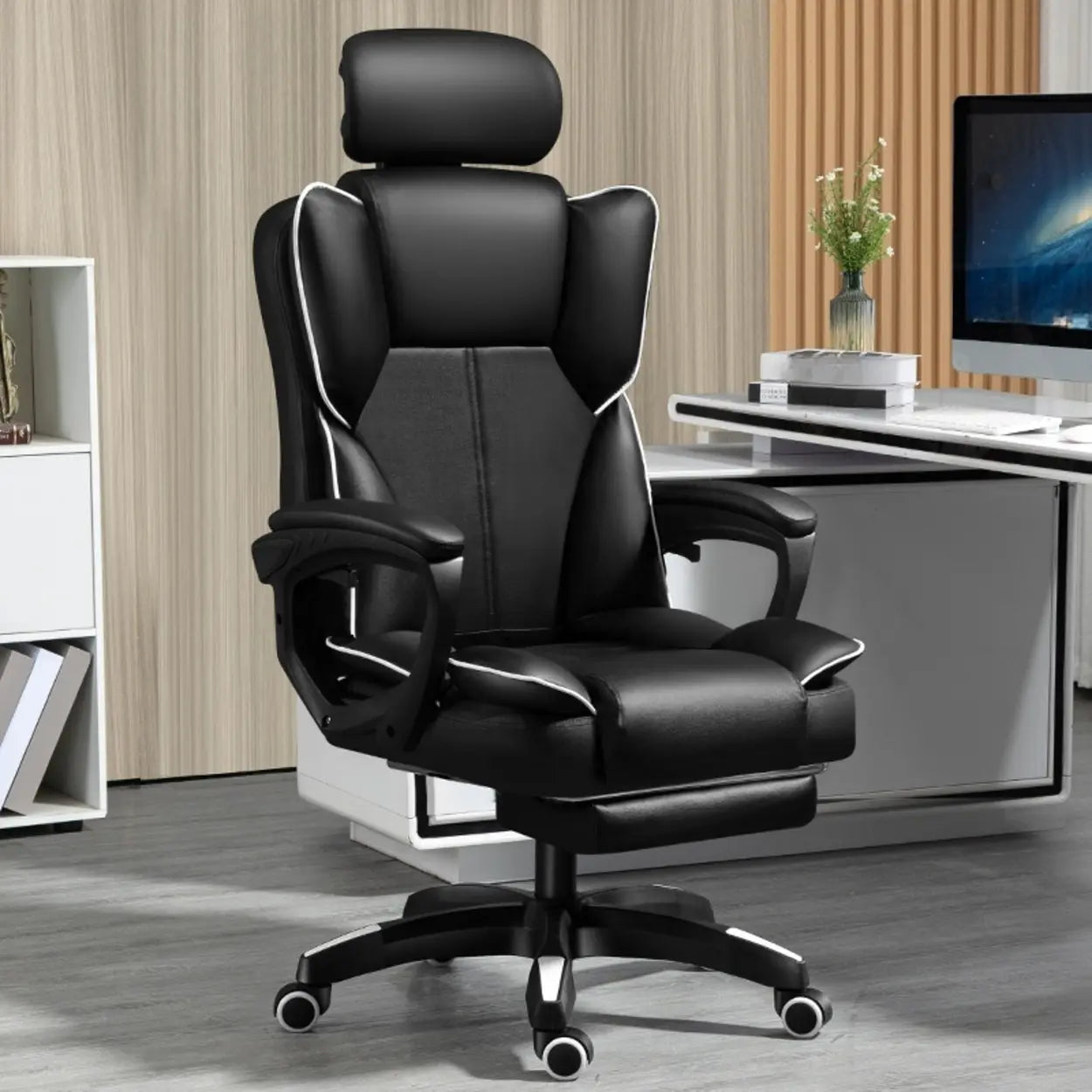Tilt Lumbar-Support Leather Adjustable Swivel Office Chair — Black / With Footrest / Sponge