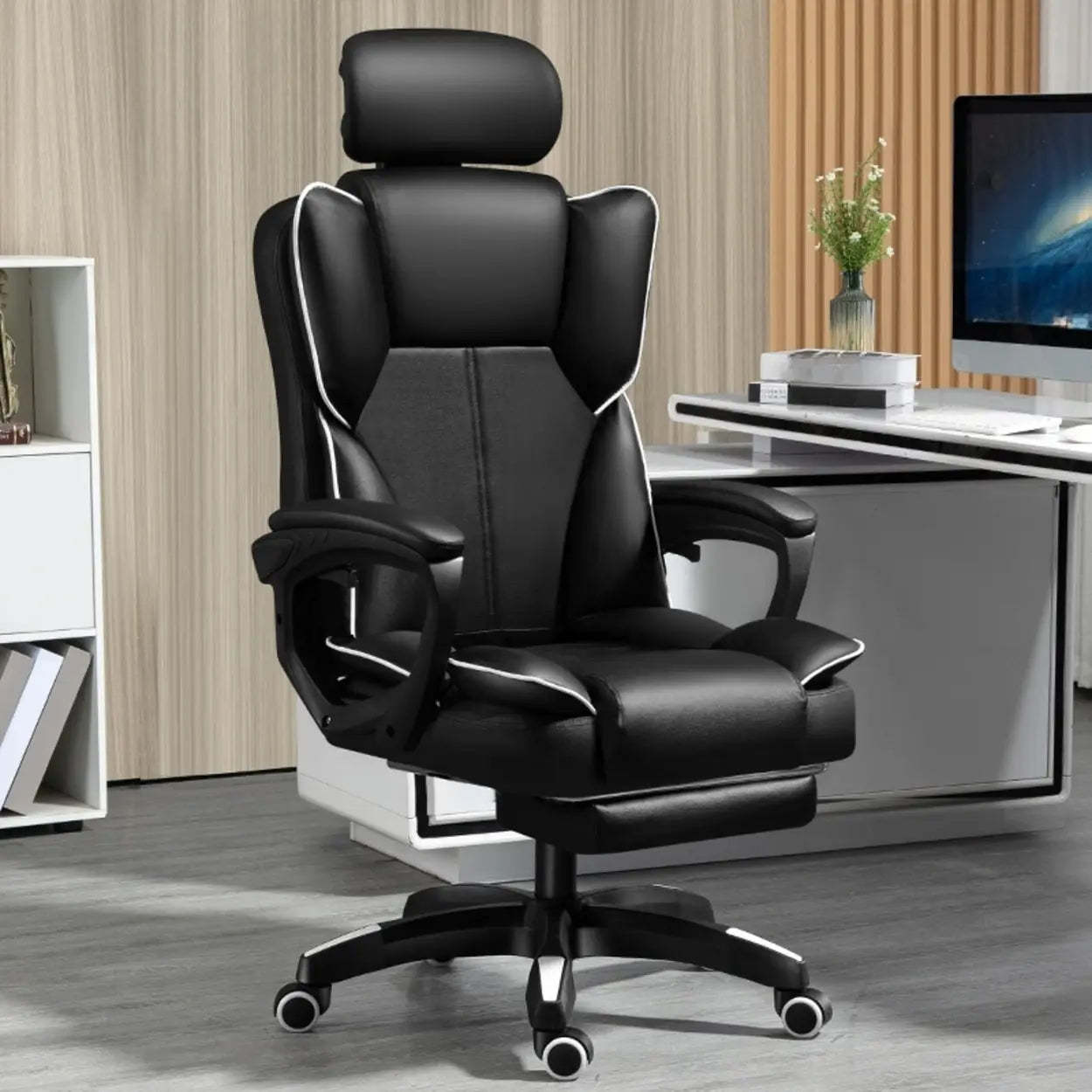 Tilt Lumbar-Support Leather Adjustable Swivel Office Chair — Black / With Footrest / Sponge
