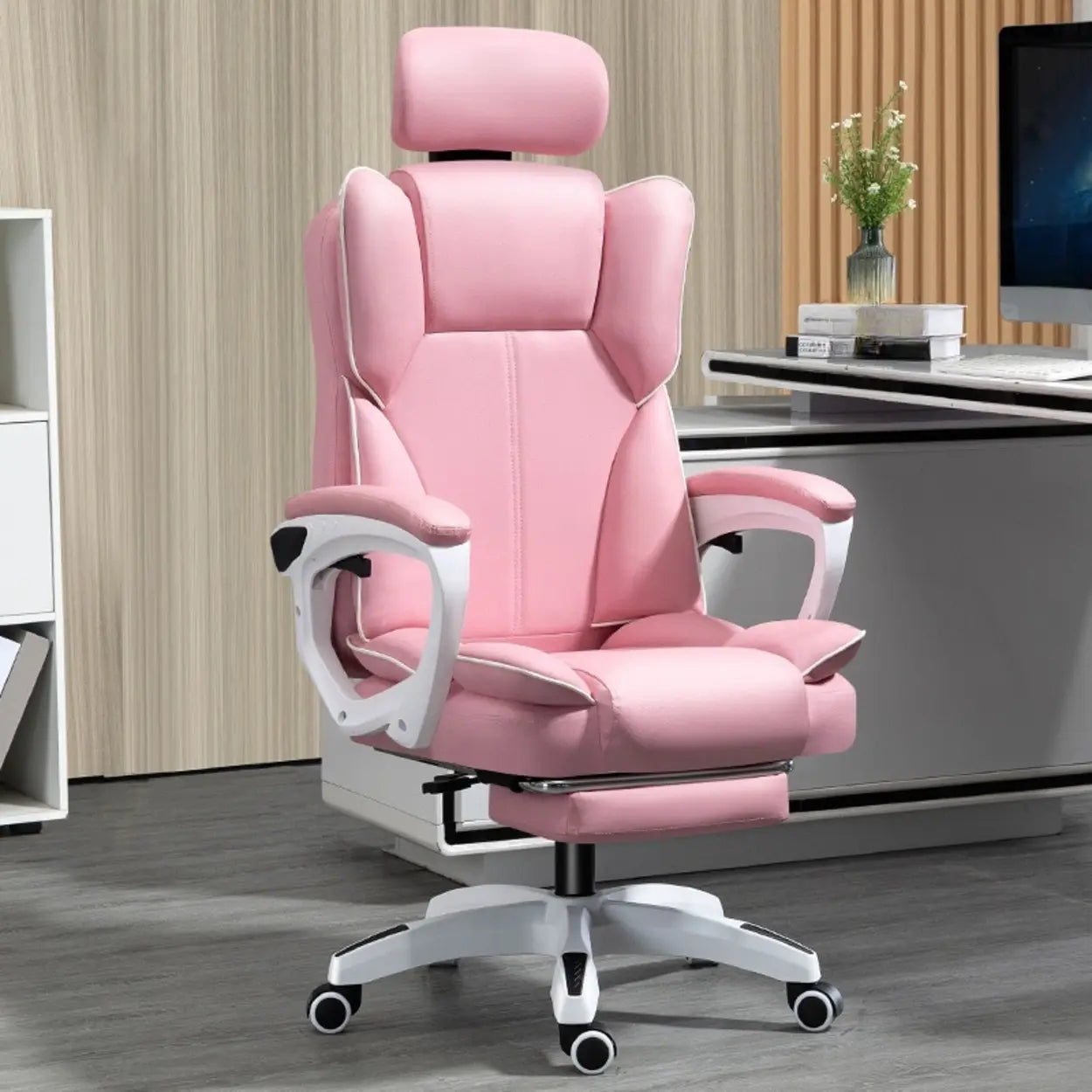 Tilt Lumbar-Support Leather Adjustable Swivel Office Chair — Grey / With Footrest / Latex