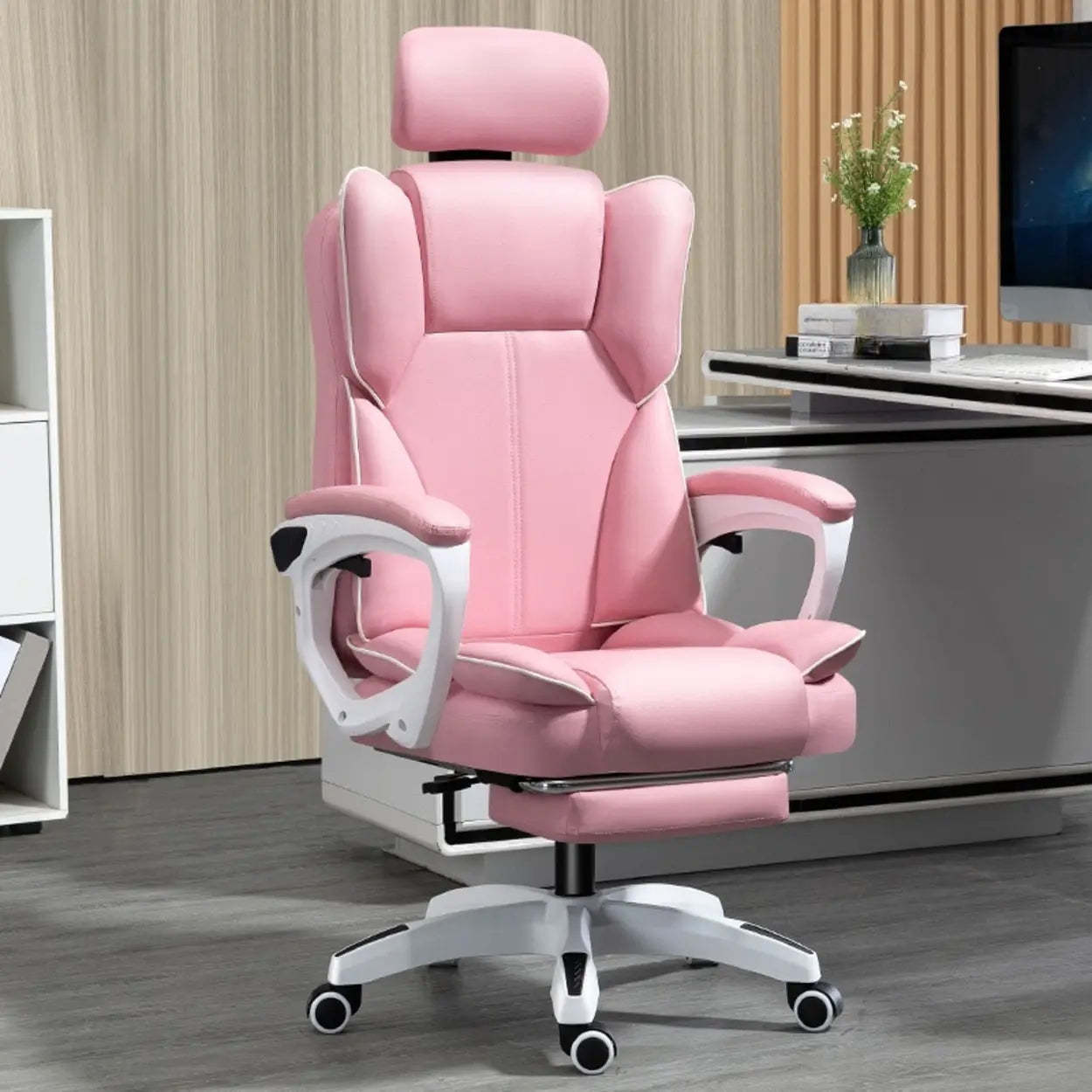 Tilt Lumbar-Support Leather Adjustable Swivel Office Chair — Grey / With Footrest / Latex