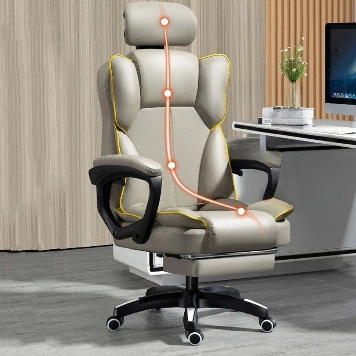 Tilt Lumbar-Support Leather Adjustable Swivel Office Chair — Grey / With Footrest / Sponge
