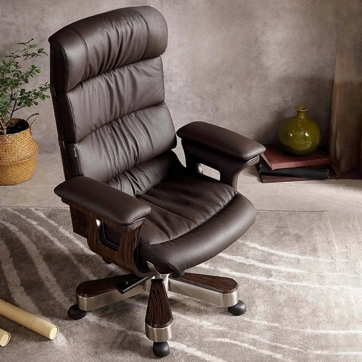 Tilt Swivel Leather Office Chair with Headrest — Black