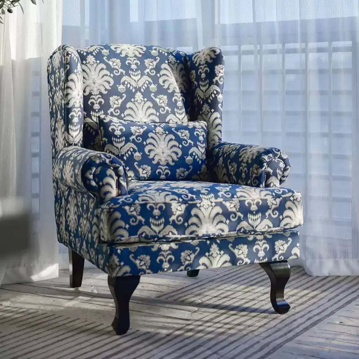 Toile Pattern Round Arm Wingback Chair — Accent Chair & Ottoman / Chenille/ Cotton and Linen