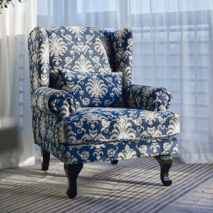 Toile Pattern Round Arm Wingback Chair — Accent Chair & Ottoman / Chenille/ Cotton and Linen