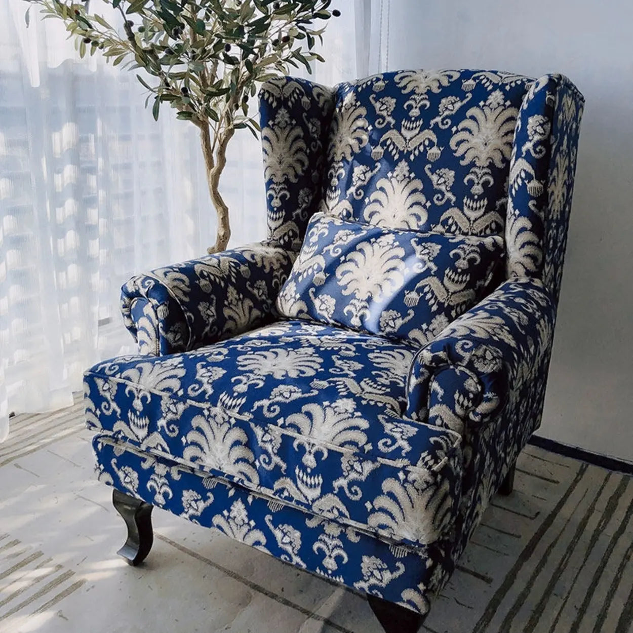 Toile Pattern Round Arm Wingback Chair