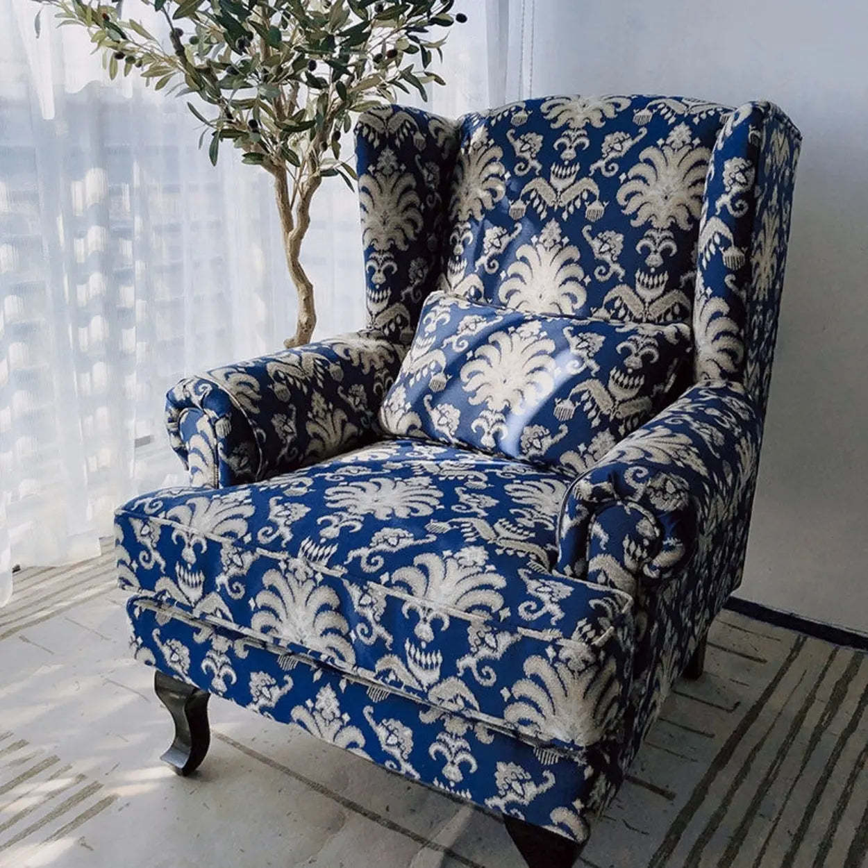 Toile Pattern Round Arm Wingback Chair