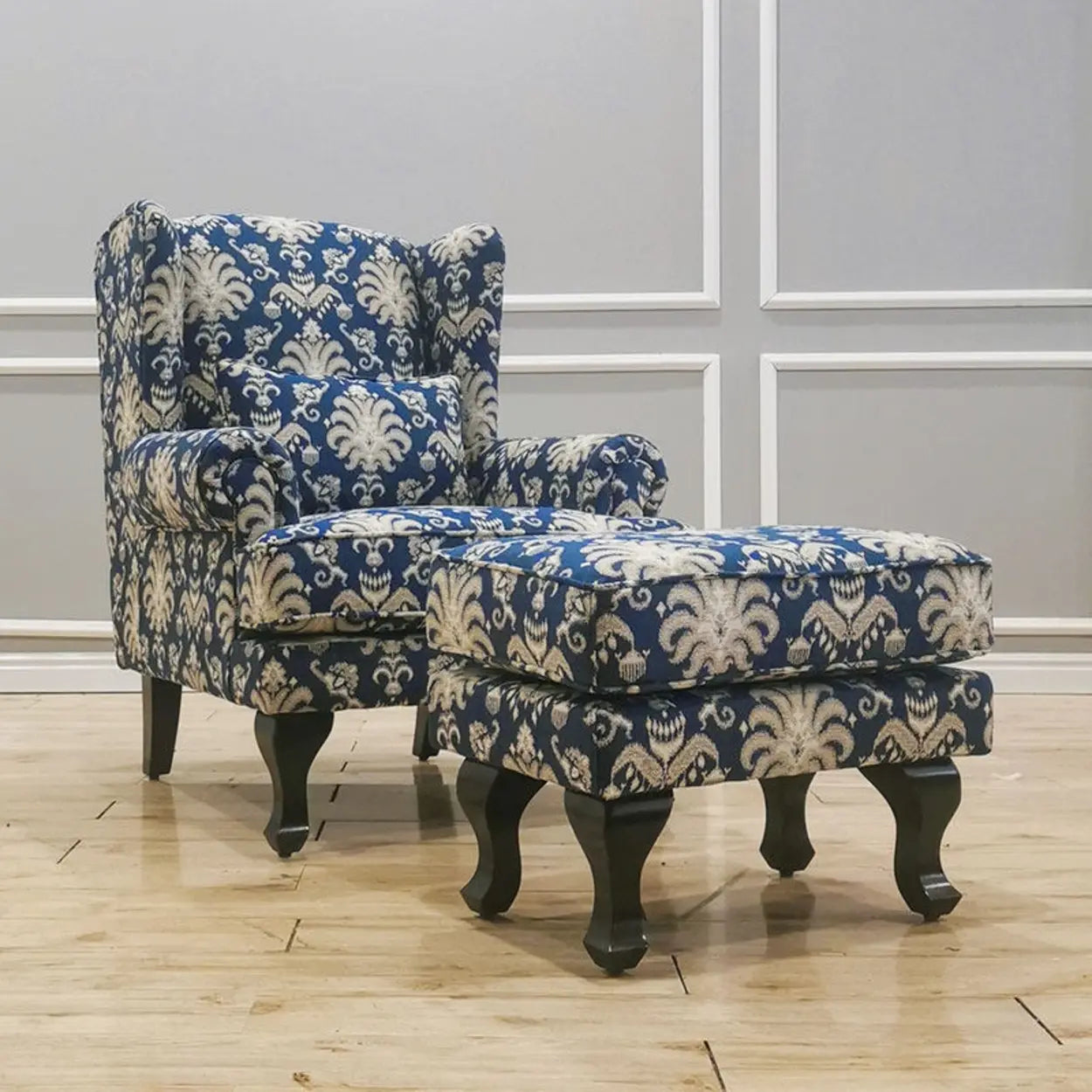 Toile Pattern Round Arm Wingback Chair