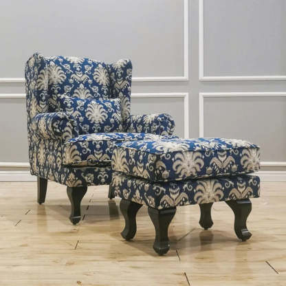 Toile Pattern Round Arm Wingback Chair