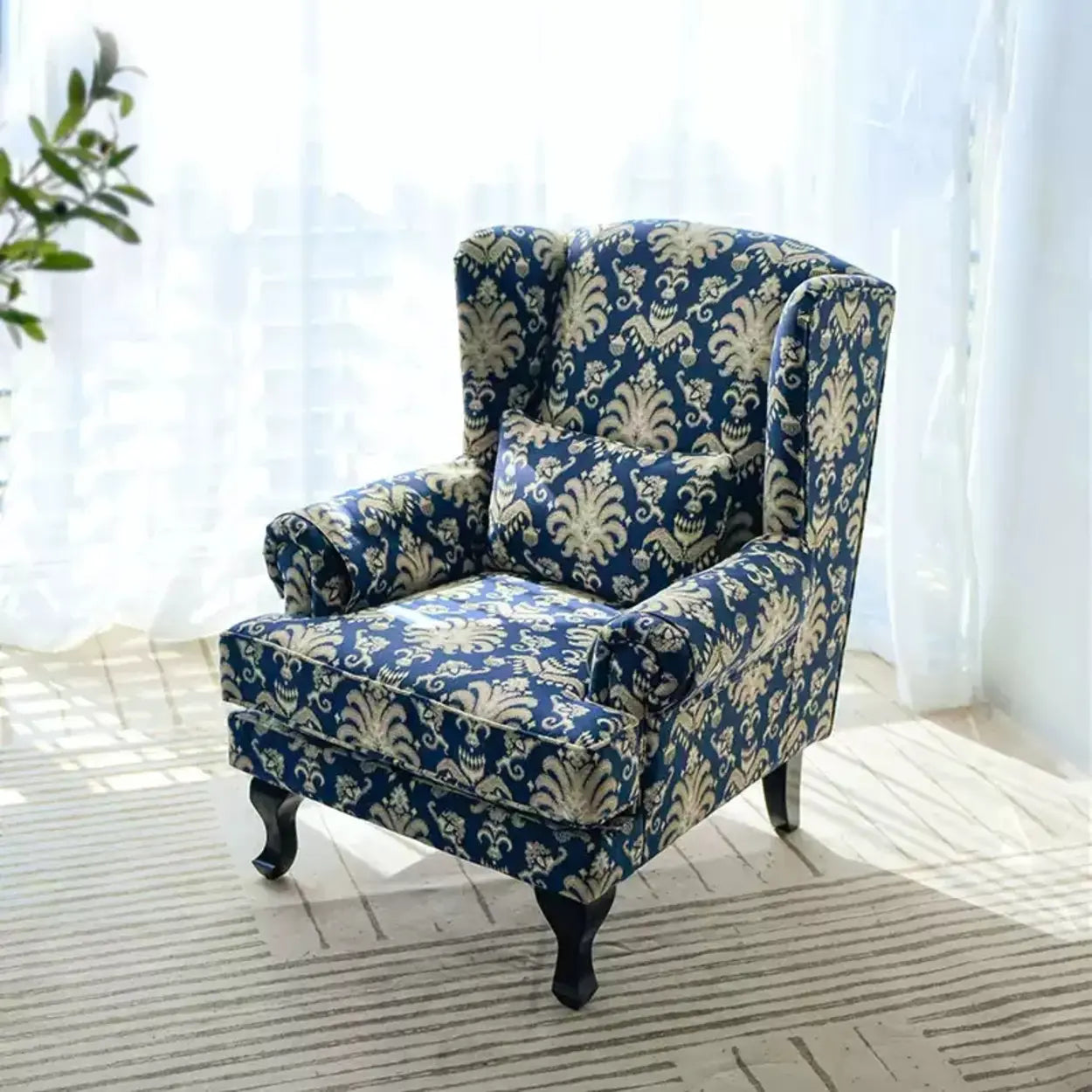 Toile Pattern Round Arm Wingback Chair — Accent Chair / Chenille/ Cotton and Linen