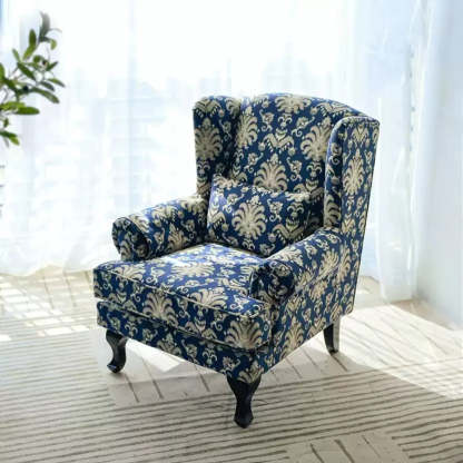 Toile Pattern Round Arm Wingback Chair — Accent Chair / Chenille/ Cotton and Linen