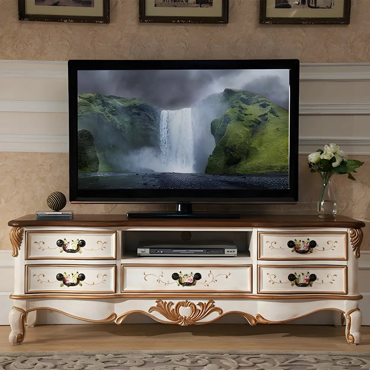 Traditional Birch Wood Open Drawer TV Stand