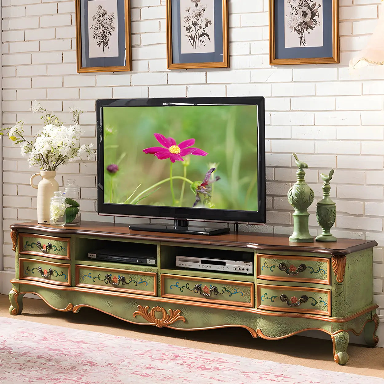 Traditional Birch Wood Open Drawer TV Stand