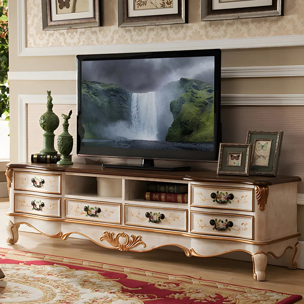 Traditional Birch Wood Open Drawer TV Stand — Blue