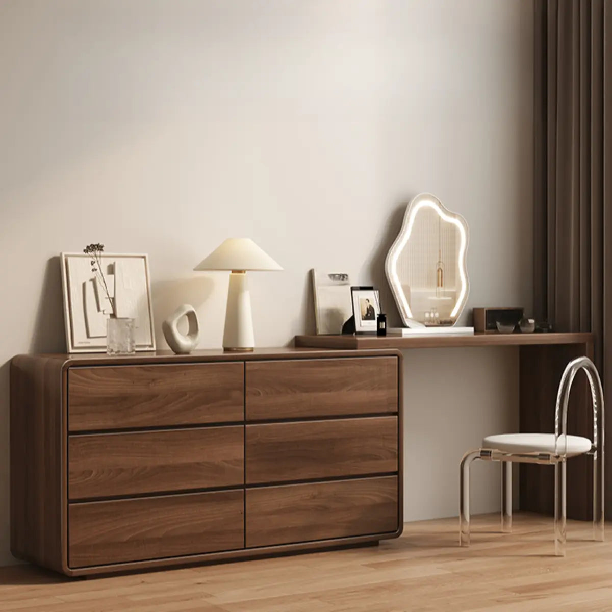 Traditional Brown Wood Drawer Vanity Set with Mirror