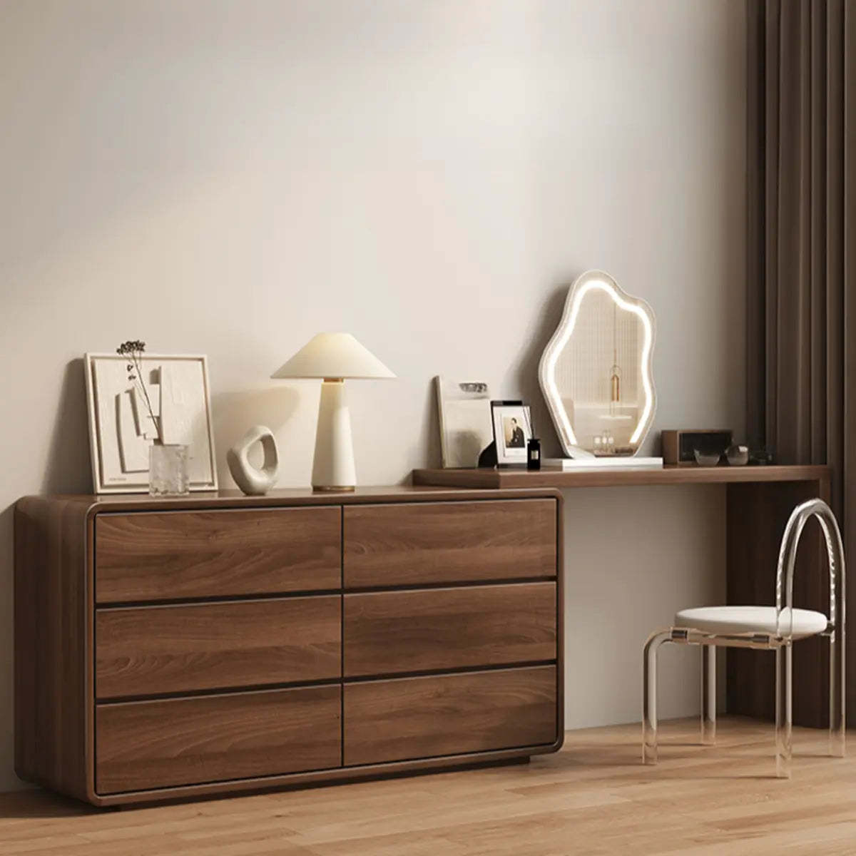 Traditional Brown Wood Drawer Vanity Set with Mirror