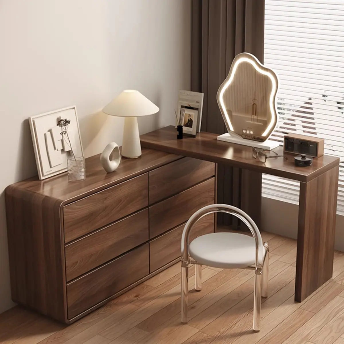 Traditional Brown Wood Drawer Vanity Set with Mirror