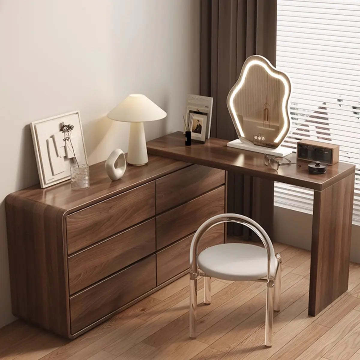 Traditional Brown Wood Drawer Vanity Set with Mirror