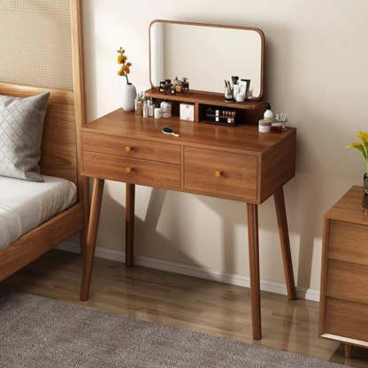 Traditional Brown Wood Makeup Vanity with Mirror