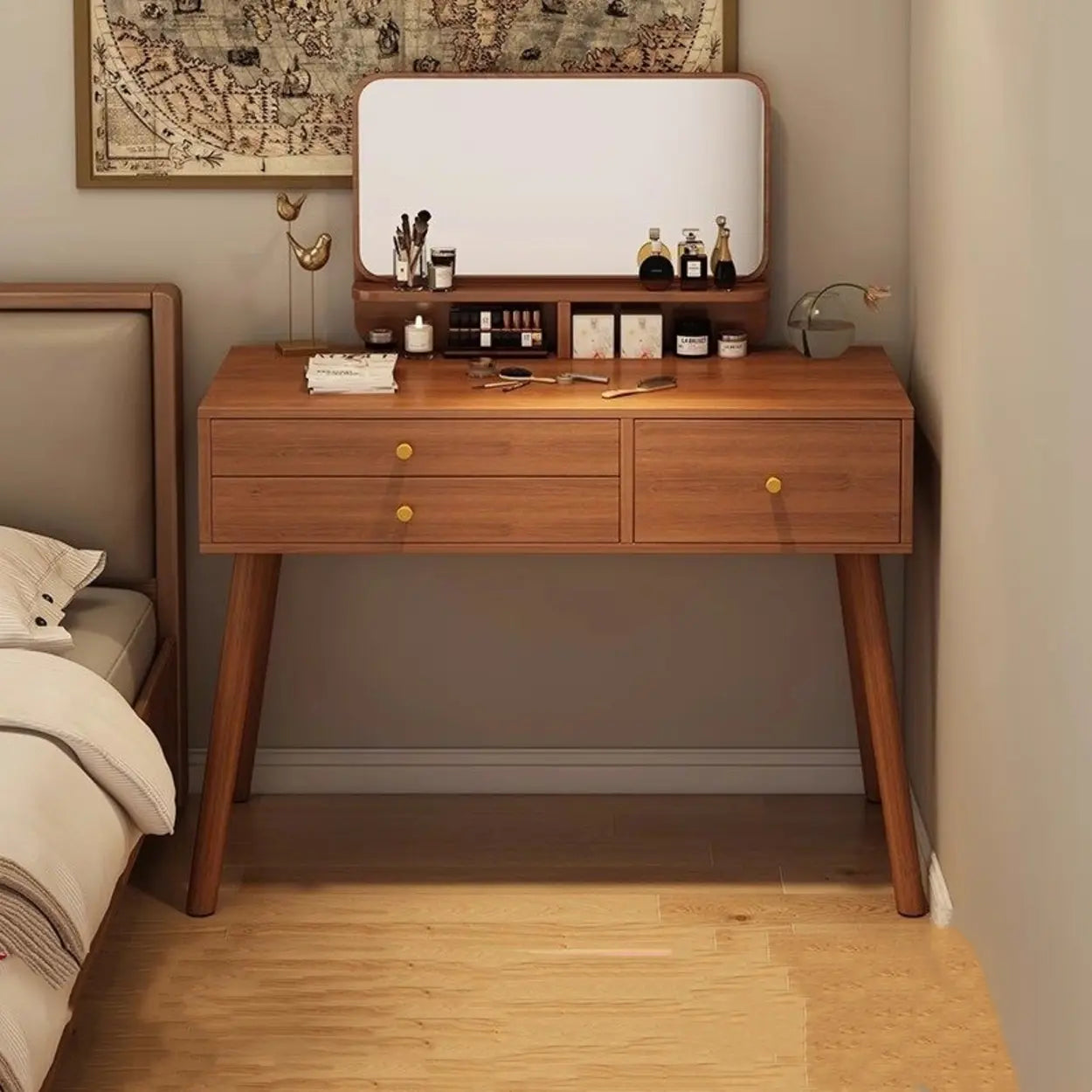 Traditional Brown Wood Makeup Vanity with Mirror