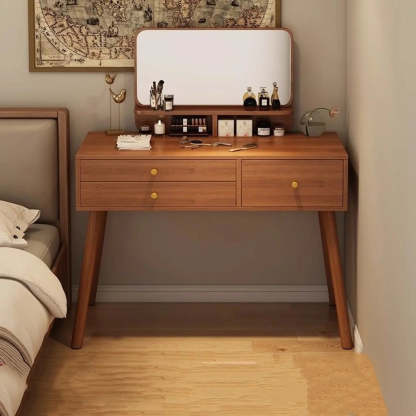 Traditional Brown Wood Makeup Vanity with Mirror