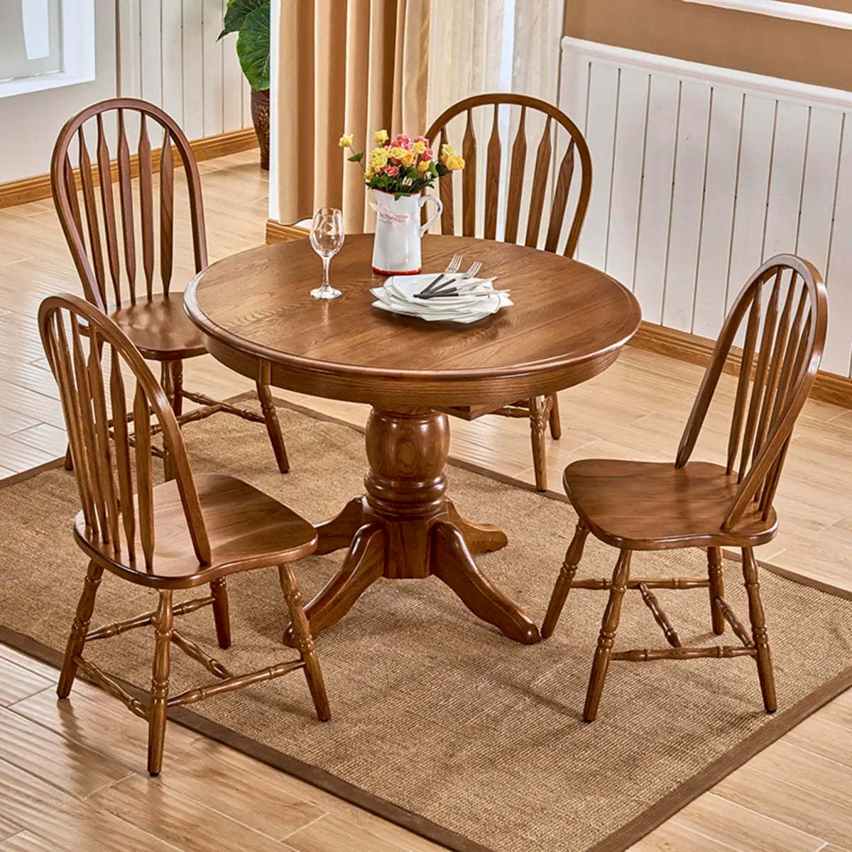 Traditional Round Brown Wood Extendable Dining Table — Without Chairs / Walnut