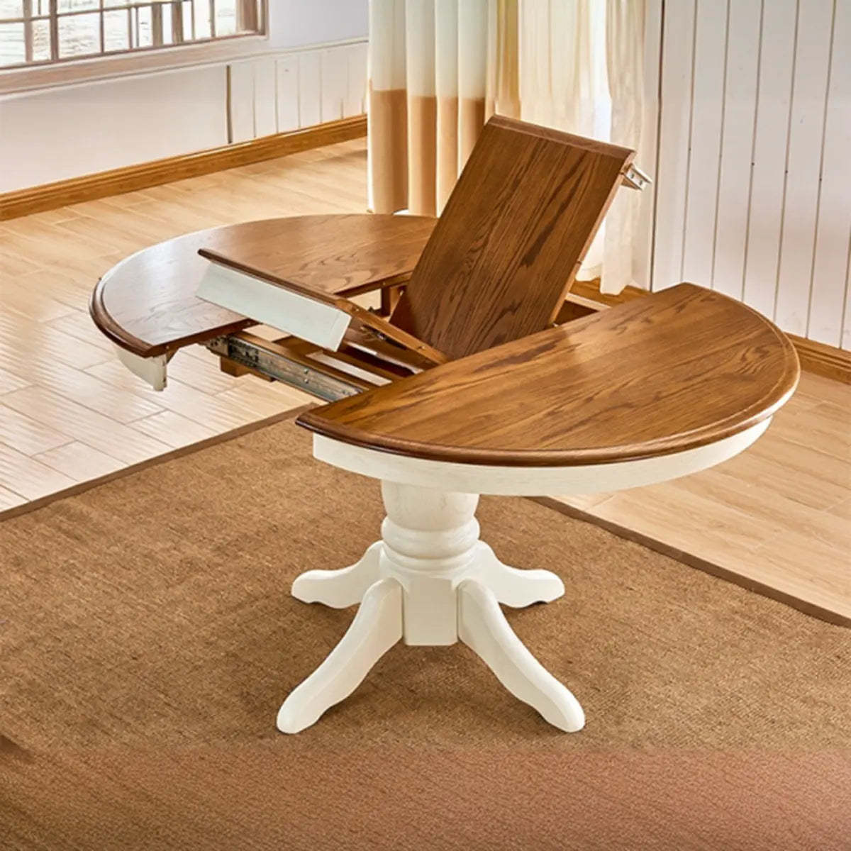 Traditional Round Brown Wood Extendable Dining Table — Without Chairs / White