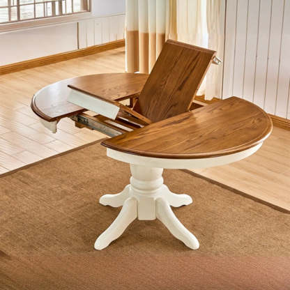 Traditional Round Brown Wood Extendable Dining Table — Without Chairs / White