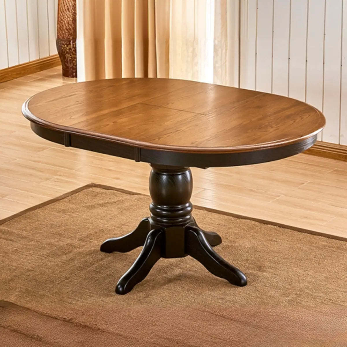 Traditional Round Brown Wood Extendable Dining Table — Without Chairs / Black