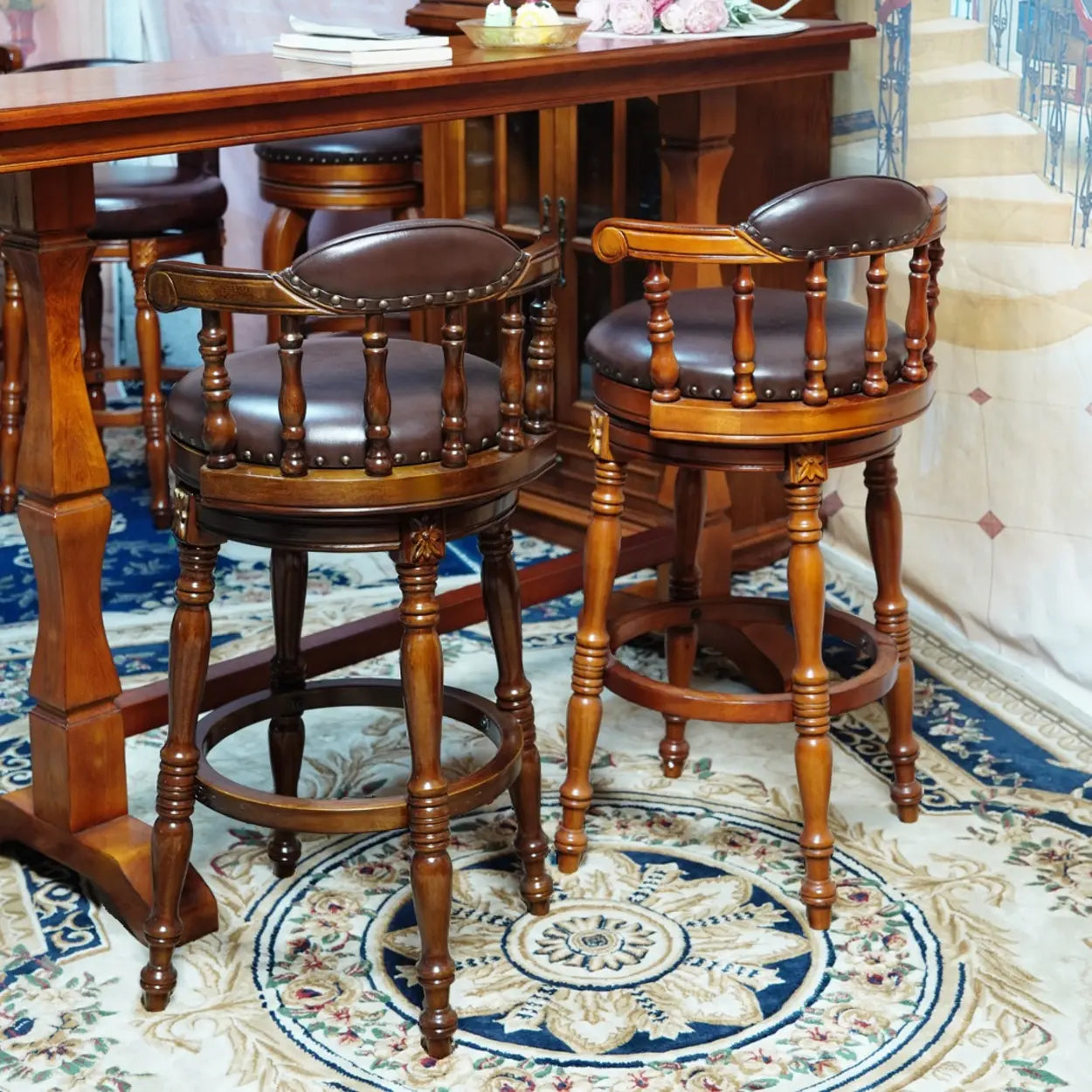 Traditional Wood Swivel Leather Padded Bar Stool