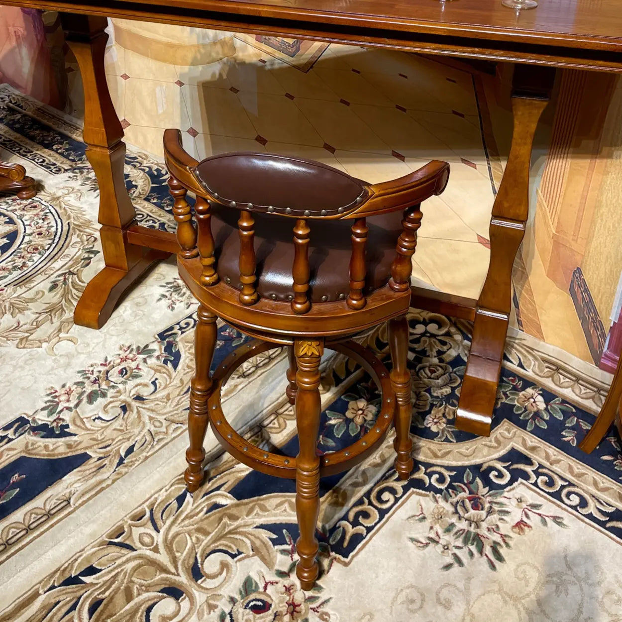Traditional Wood Swivel Leather Padded Bar Stool — Brown