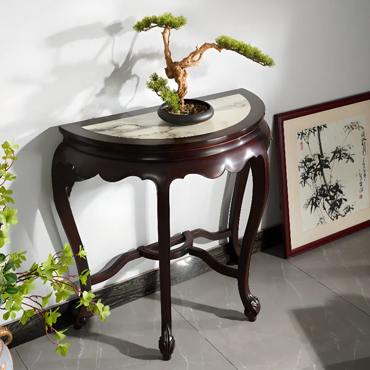 Traditional Half-Circle Marble Wood Foyer Console — Brown