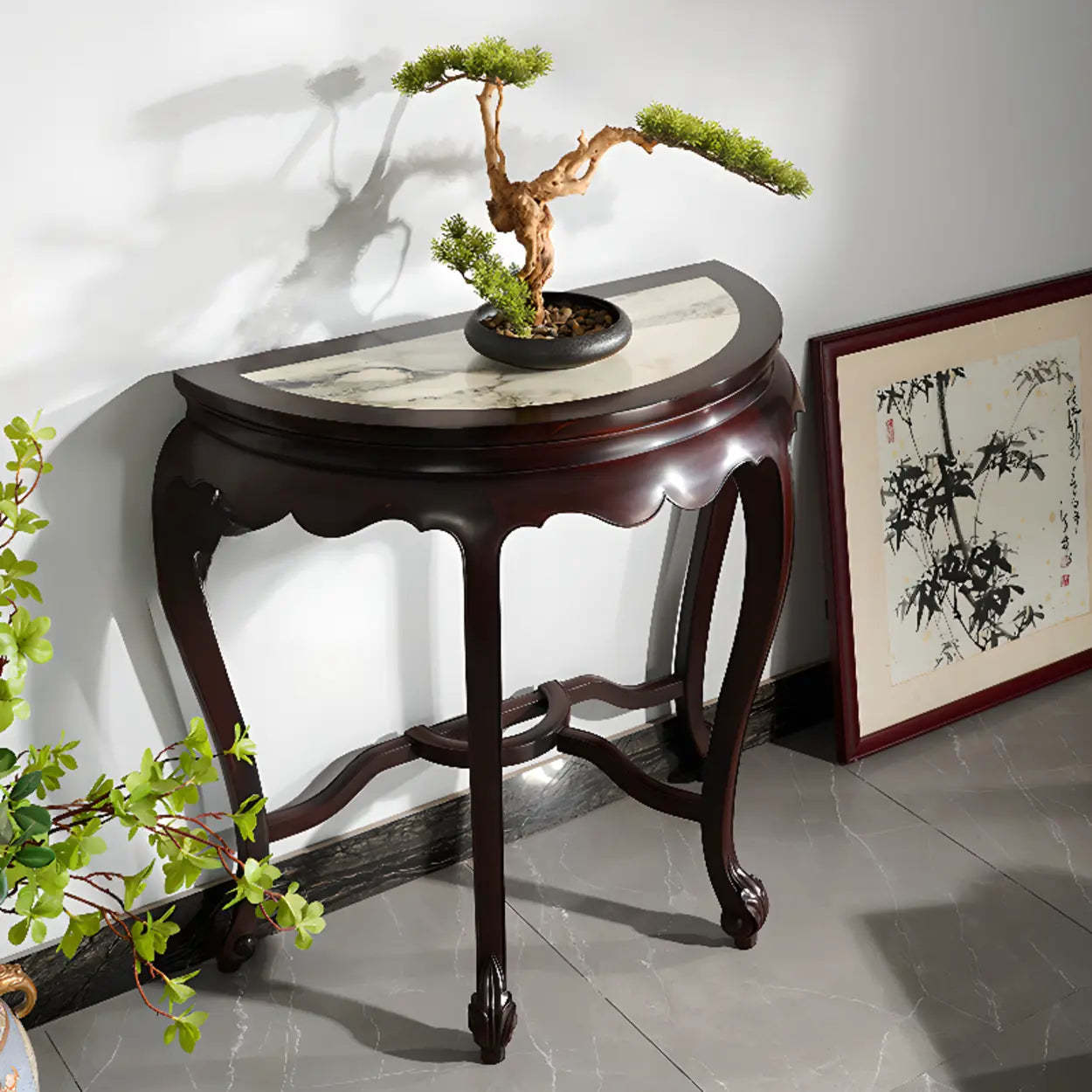 Traditional Half-Circle Marble Wood Foyer Console — Brown