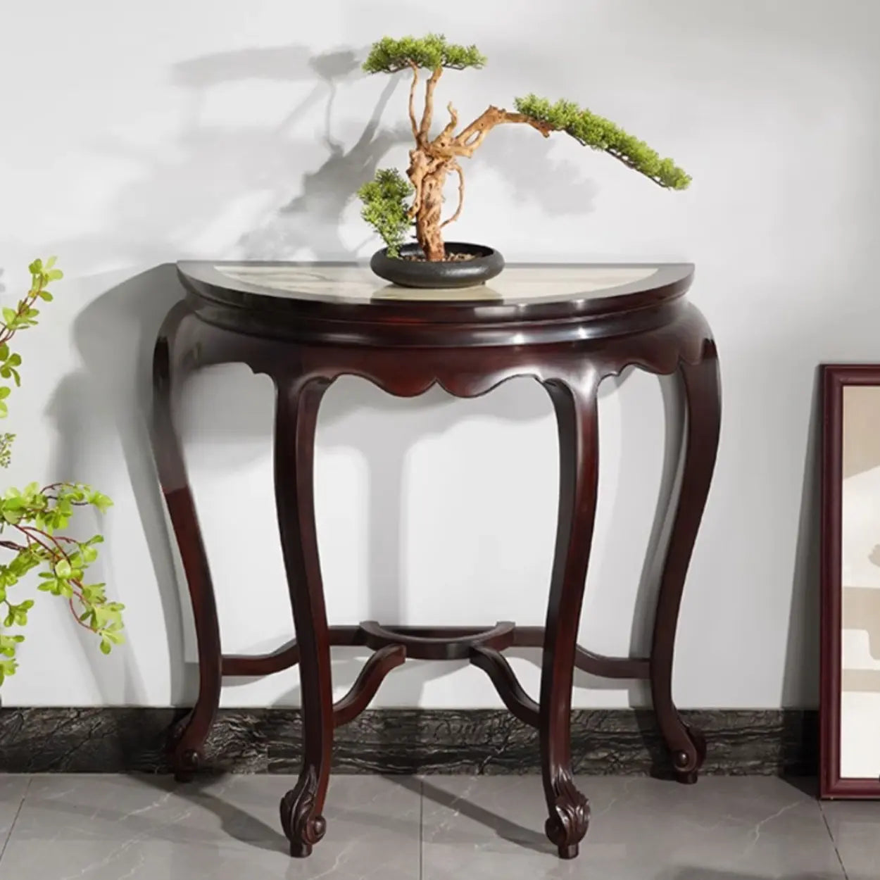 Traditional Half-Circle Marble Wood Foyer Console