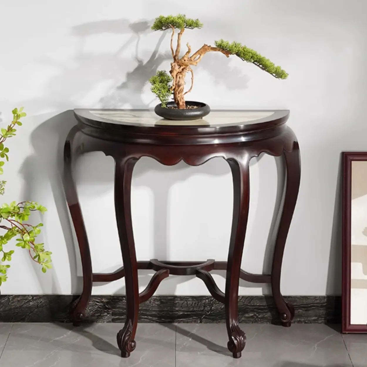 Traditional Half-Circle Marble Wood Foyer Console