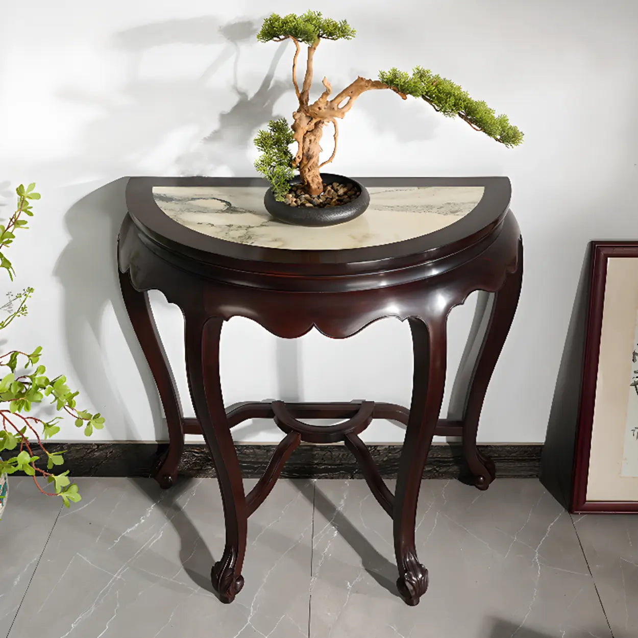 Traditional Half-Circle Marble Wood Foyer Console