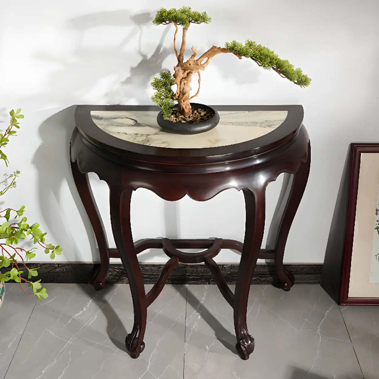 Traditional Half-Circle Marble Wood Foyer Console
