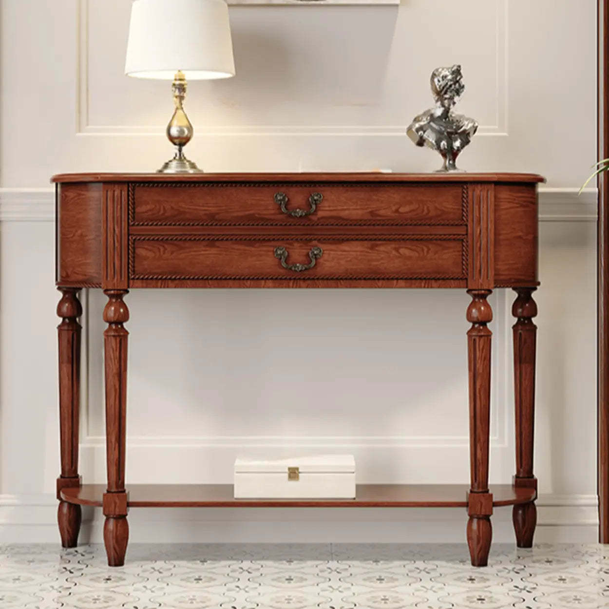 Traditional Half-Moon Rubberwood Console Table — Nut-Brown