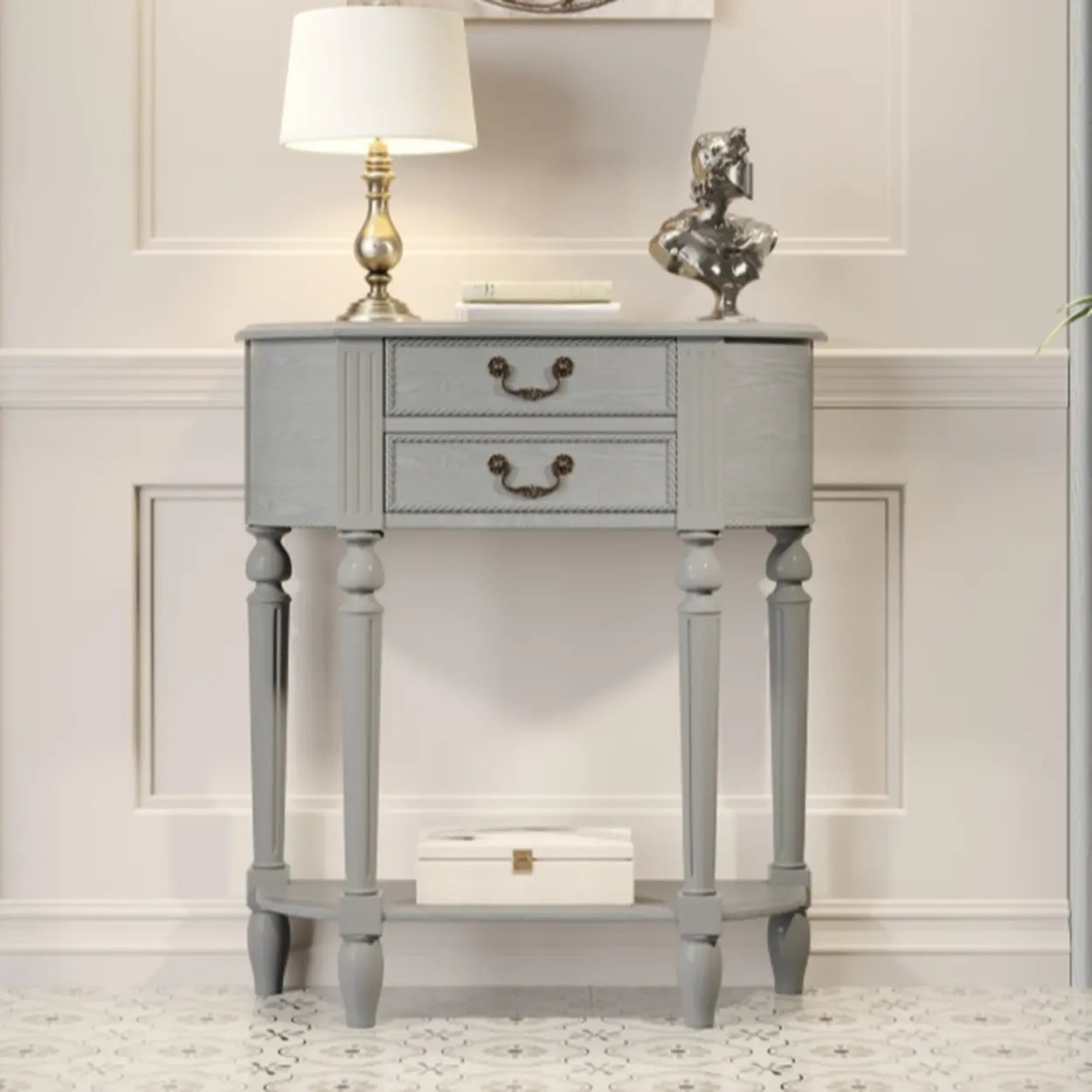 Traditional Half-Moon Rubberwood Console Table — Nut-Brown