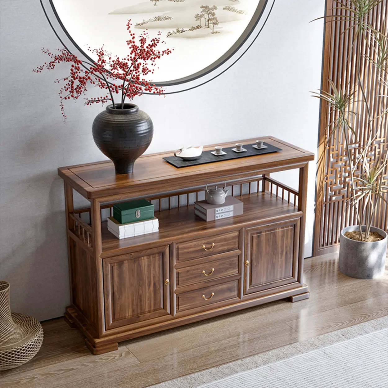 Traditional Wood Console Table with Storage — Black Walnut