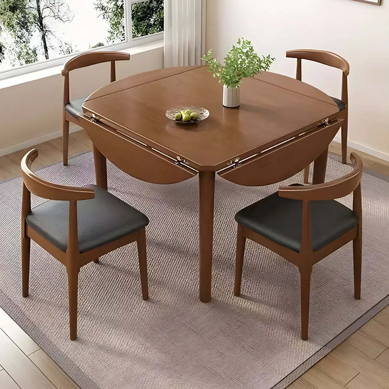 Traditional Round Foldable Wood Drop Leaf Dining Table — Natural / Table Only