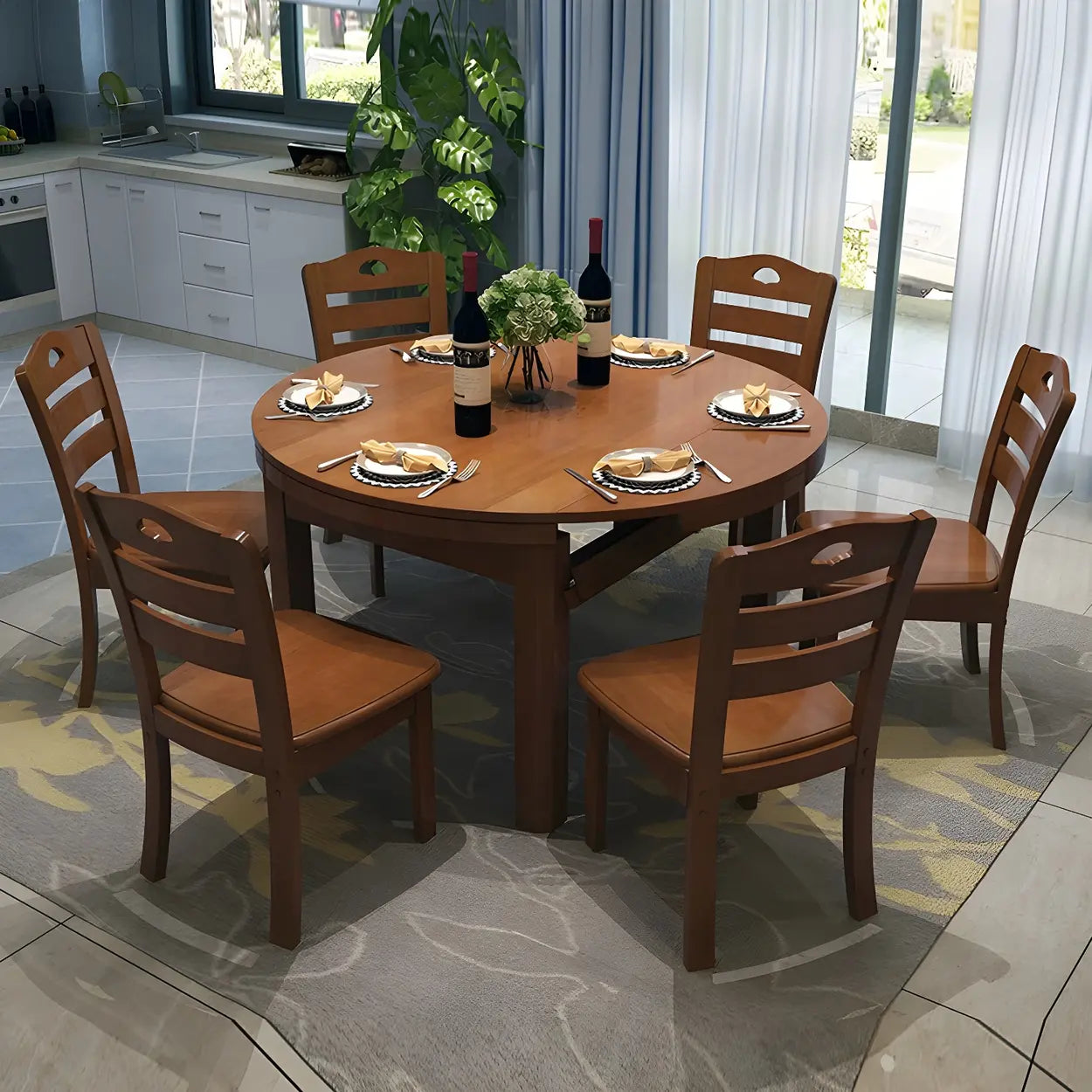 Traditional Round Brown Rubberwood Extendable Dining Table