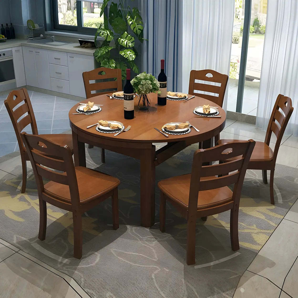 Traditional Round Brown Rubberwood Extendable Dining Table — White / Table Only