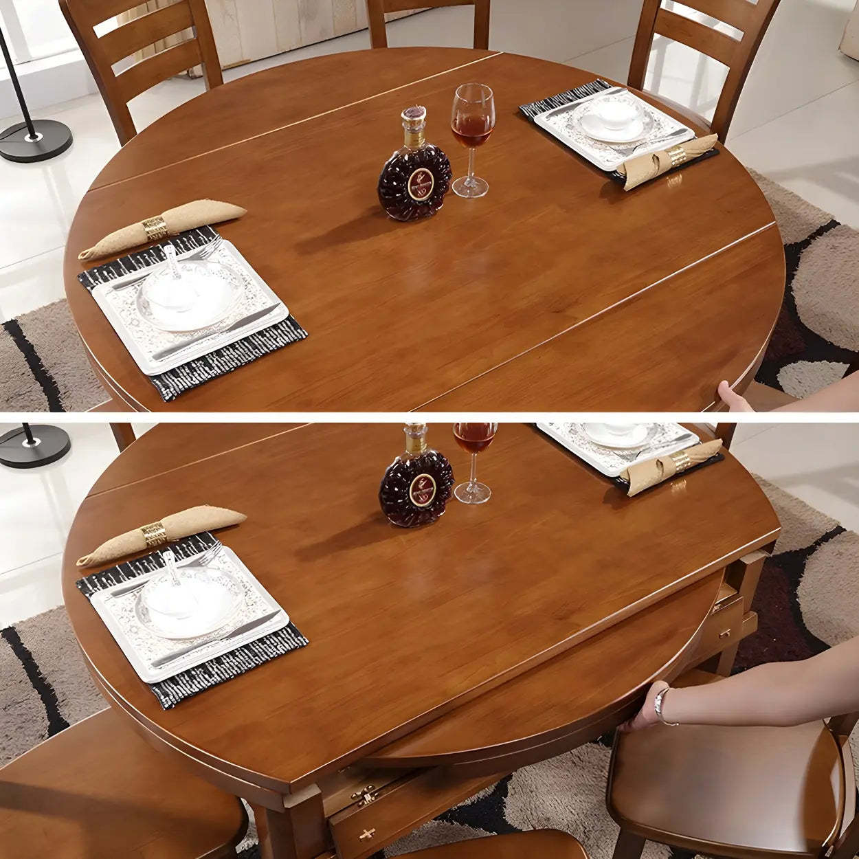 Traditional Round Brown Rubberwood Extendable Dining Table — Walnut / Table Only