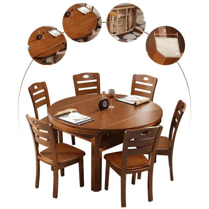Traditional Round Brown Rubberwood Extendable Dining Table — Natural/ White / Table Only
