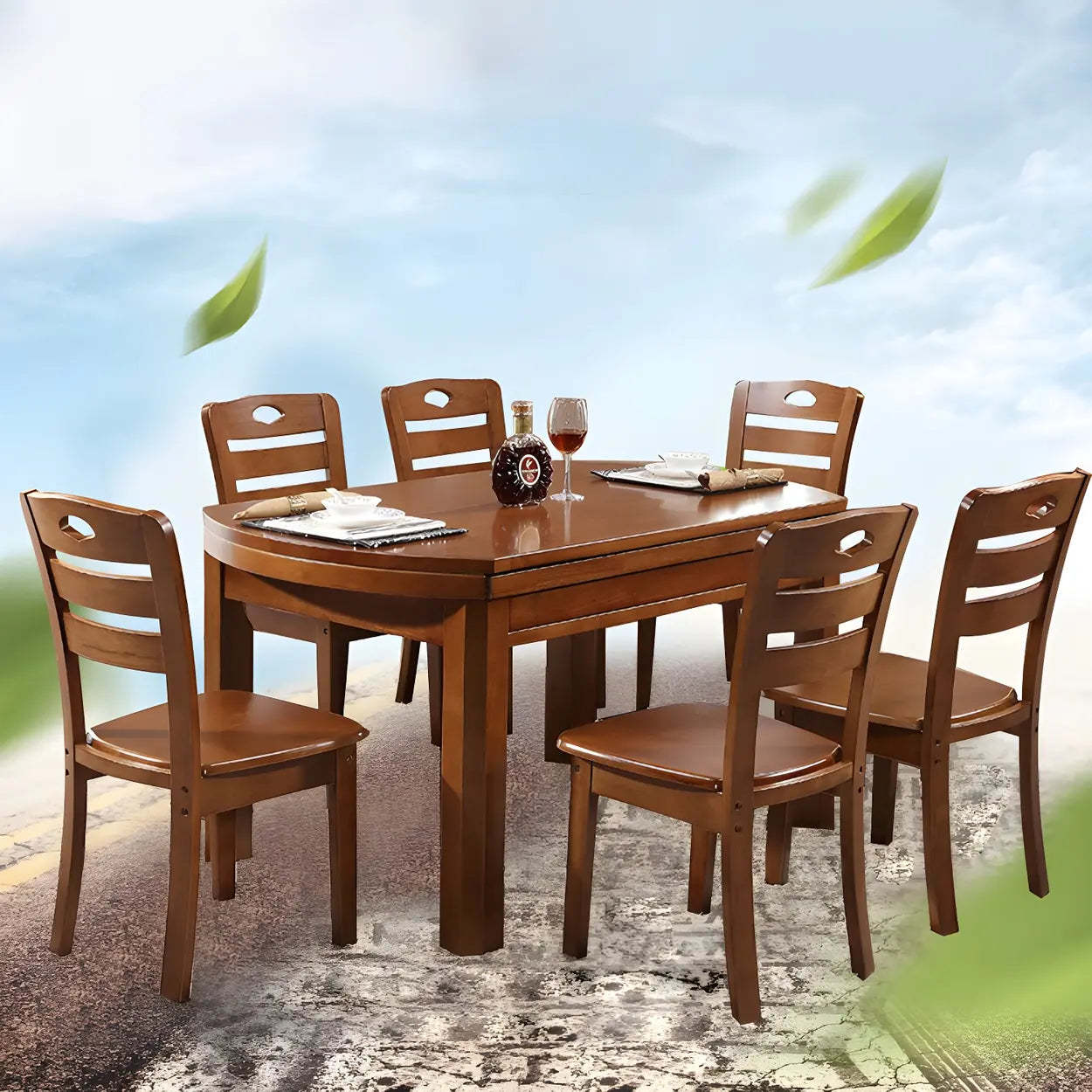 Traditional Round Brown Rubberwood Extendable Dining Table — Natural/ White / Table Only