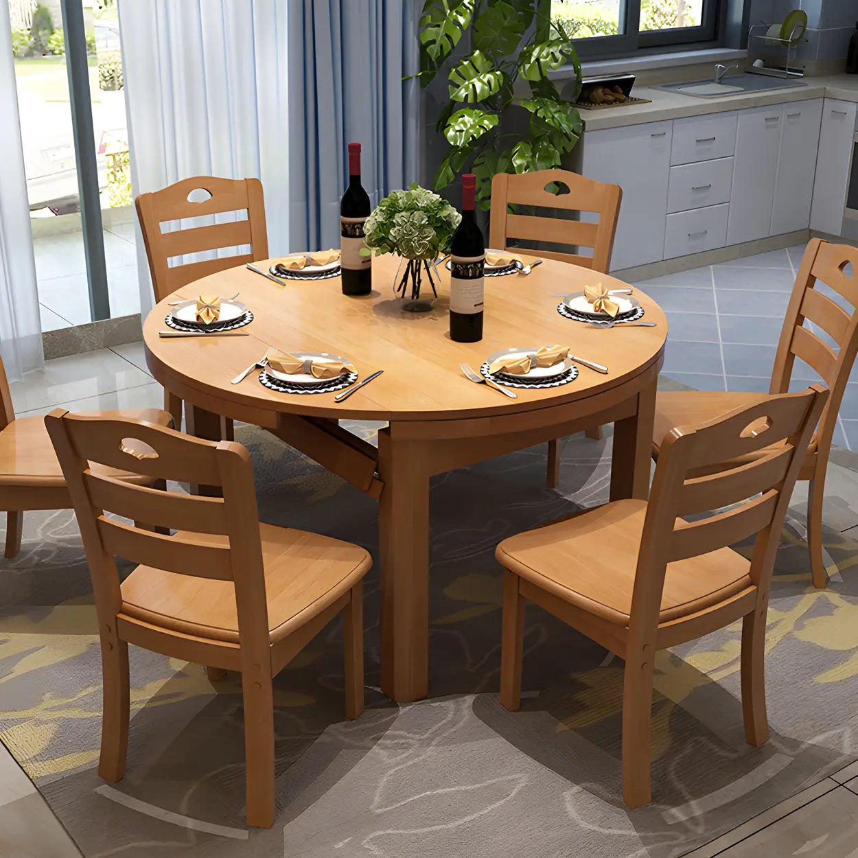 Traditional Round Brown Rubberwood Extendable Dining Table