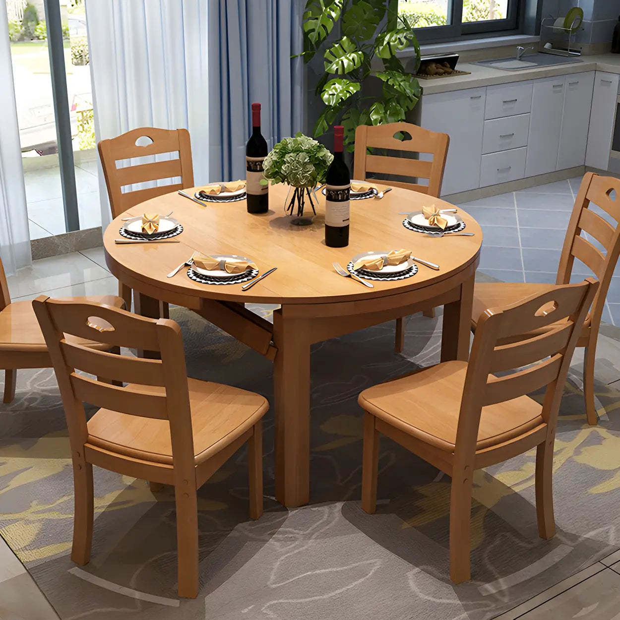 Traditional Round Brown Rubberwood Extendable Dining Table