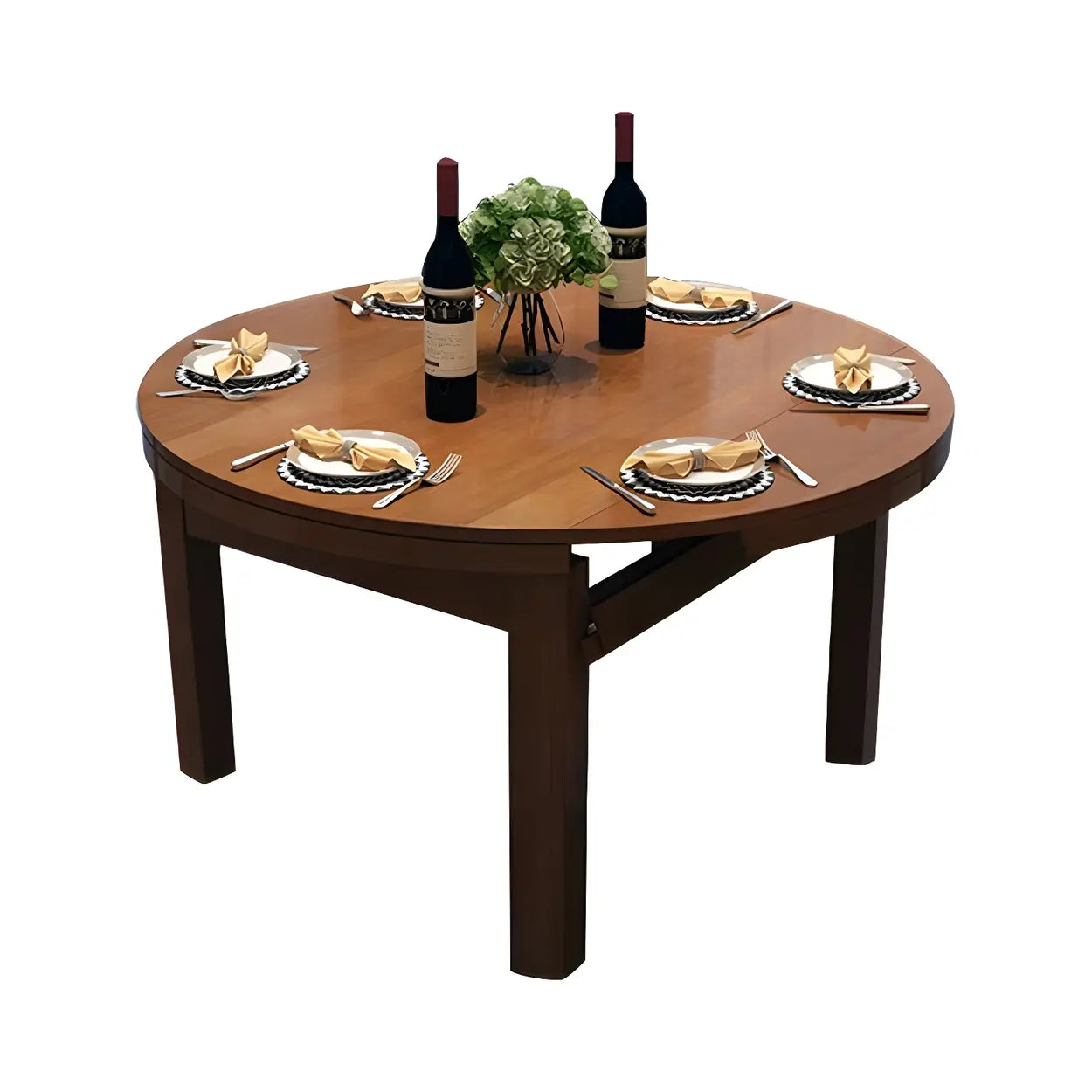 Traditional Round Brown Rubberwood Extendable Dining Table — White / Table Only